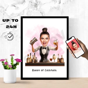 Queen of Cocktails Caricature, Custom Female Bartender Portrait from Photo, Funny Drink Lover Gift for Her, Digital Download Art