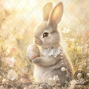 Lapin de Pâques tenant un oeuf floral à imprimer | Art mural bébé lapin mignon | décoration printanière vintage pour chambre d&#39;enfant | Téléchargement numérique