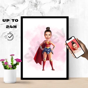 Benutzerdefinierte Superheld Frau Porträt | Wonder Woman Stil Cartoon | Weibliche Superheld Karikatur vom Foto | Personalisiertes Geschenk für sie
