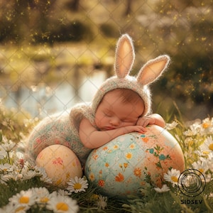 Newborn Easter Bunny Digital Background, Spring Floral Field Backdrop, Dreamy Baby Portrait, Newborn Composite Backdrop