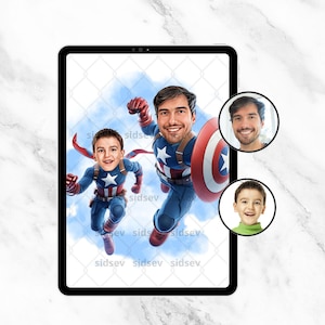 Fliegen Super Vater und Sohn Porträt - Benutzerdefinierte Cartoon Karikatur Geschenk - Personalisierte Superhelden Vater & Sohn Fliegen Illustration