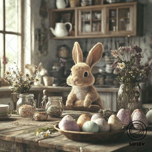 Lapin de Pâques avec des oeufs colorés dans une scène de fenêtre de cuisine rustique - Art mural numérique imprimable de Pâques - Téléchargement de décoration printanière pour chambre d&#39;enfant