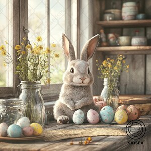 Lapin de Pâques avec des oeufs colorés dans une scène de fenêtre de cuisine rustique - Art mural numérique imprimable de Pâques - Téléchargement de décoration printanière pour chambre d&#39;enfant