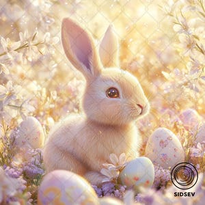 Lapin de Pâques en fleurs printanières en téléchargement numérique - Lapin pastel mignon avec des oeufs de Pâques - Art mural imprimable, décoration de chambre d&#39;enfant, téléchargement immédiat