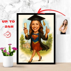 Benutzerdefinierte Abschlusskarikatur für Sie, Superheld-graduiertenporträt, personalisiertes Abschlussgeschenk, Karikatur-graduiertenzeichnung, Abschluss-Andenken