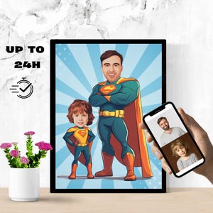 Retrato de dibujos animados personalizado de súper papá e hijo, retrato de súper papá, regalo de papá, caricatura de súper papá, caricatura de superhéroe, caricatura a partir de una foto