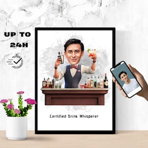 Certified Drink Whisperer Caricature,Custom Bartender Portrait from Your Photo, Funny Bar Gift for Him,Home Bar Decor,Digital Download Print