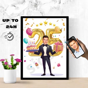 Personalised 25th Cartoon Portrait, Custom Happy Birthday Caricature Drawing, Funny Caricature, Gift for Him, Happy 25th