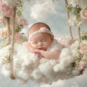 Dreamy Baby Swing Digital Backdrop, Newborn Flower Cloud Scene, Photoshop Composite Background, Spring Studio Prop, Gift for Photographers