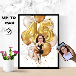 Caricatura de 45 cumpleaños para mujer, con regalos, arte morado, arte personalizado único, celebración perfecta de 45 años