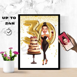 Personalised 30th Cartoon Portrait, Custom Happy Birthday Caricature Drawing, Funny Caricature, Gift for Her, Happy 30th, 30, 30th birthday
