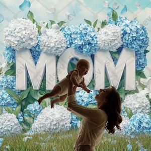Fondo para el Día de la Madre, letras de mamá con hortensias azules y blancas, fondo floral primaveral, descarga digital para el Día de la Madre, accesorio para fotografía