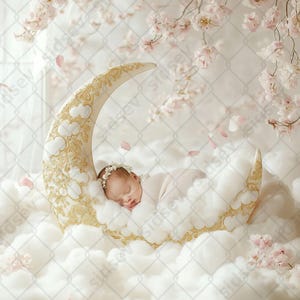 Cherry Blossom Moon Backdrop | Newborn Digital Scene | Sakura Crescent Moon | Digital Newborn Background | Soft Pink Baby Prop