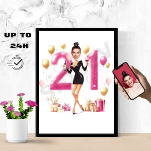 Retrato personalizado de caricatura de 21 años, caricatura de cumpleaños, regalo de cumpleaños personalizado, regalo divertido, tarjeta de cumpleaños digital