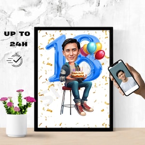 Gepersonaliseerde 18e jongen cartoonportret, karikatuur 18e verjaardag, cartoon verjaardag, aangepast verjaardagscadeau, grappig cadeau, digitale verjaardag