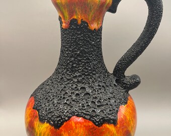 Mid Century West German Pottery Walter Gerhards Orange, Green & Black Fat Lava Handled Vase 285-25