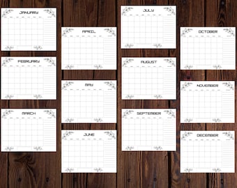 May include: Printable calendar template with floral accents. The calendar is divided into 12 months, with each month having a separate page. Each month has a grid with days of the week labeled and space for writing notes.
