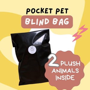 Puede incluir: Una bolsa de plástico negra con una pegatina blanca que dice "Little Furries" y un oso de dibujos animados. La bolsa está sobre un fondo amarillo y rosa con el texto "Pocket Pet Blind Bag" y "2 Plush Animals Inside".