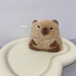 May include: A small, fluffy, tan-coloured plush toy shaped like a capybara with dark brown ears and paws. The toy features embroidered black eyes and a nose, with the text litfurries printed in small white letters on the left side of the plush.