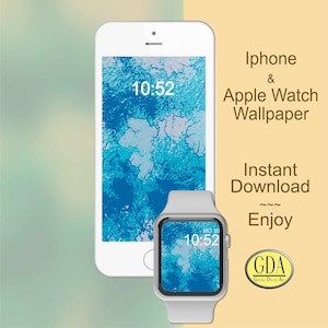 May include: A white iPhone and Apple Watch with a blue and white abstract design wallpaper. The time is 10:52 on both devices. The text "Iphone & Apple Watch Wallpaper" is displayed above the devices. The text "Instant Download" is displayed below the devices. The text "~~~ Enjoy" is displayed below the "Instant Download" text. The text "GDA" is displayed below the "Enjoy" text. The text "GUSTHIS DIGITAL ART" is displayed below the "GDA" text.