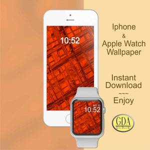 Op de afbeelding: Een witte iPhone en Apple Watch met een rood en oranje geometrisch patroon als achtergrond. De tijd is 10:52 op beide apparaten. De tekst "Iphone & Apple Watch Wallpaper" wordt boven de apparaten weergegeven. De tekst "Direct downloaden" wordt onder de apparaten weergegeven. De tekst "~~~ Enjoy" wordt onder de tekst "Direct downloaden" weergegeven. De tekst "GDA" wordt onder de tekst "Enjoy" weergegeven. De tekst "GUSTIS DIGITAL ART" wordt onder de tekst "GDA" weergegeven.