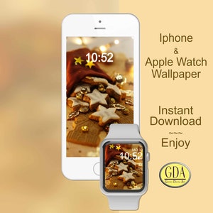 May include: A white iPhone and Apple Watch with a Christmas-themed wallpaper featuring a red stocking filled with gingerbread cookies and gold stars. The time is 10:52 on both devices.