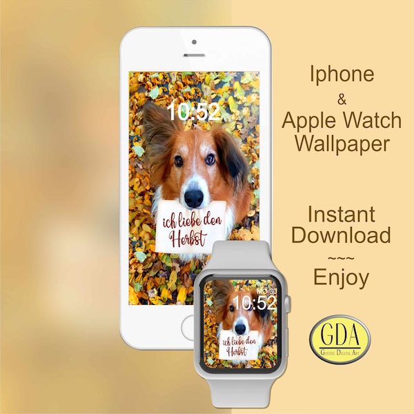 Apple Watch Wallpaper, Hund, I love Fall, Blätter, Hintergrund Smartphone, Uhren Gesicht, Digital Phone Hintergrund,