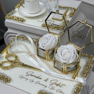 Handmade Engagement & Groom’s Coffee Tray Set – Personalized with Gold Foil, Söz Nişan Tepsisi Damat Kahve Tepsisi, Verlobungstablett