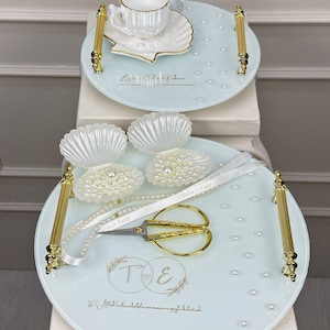 Handmade Engagement & Groom’s Coffee Tray Set – Personalized with Gold Foil, Söz Nişan Tepsisi Damat Kahve Tepsisi, Verlobungstablett