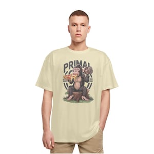 Primal Chimpanzee Pizza & Dumbbell Tee - Fun Fitness Shirt - Playful Workout Apparel Heavy Oversized T-Shirt