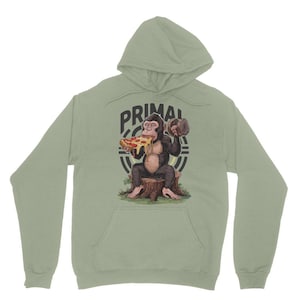 May include: Sage green hooded sweatshirt with a graphic of a chimpanzee eating pizza and lifting a dumbbell. The graphic is surrounded by a black circle with the word "PRIMAL" in white text.