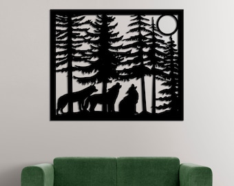 Wolves Scene Forest SVG,Mountain scene svg,files for plasma cnc, laser cut, Vector Animals, nature scene dxf, wolf for cricut,wood wall deco