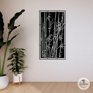 Può includere: Opera d'arte da parete con bambù in bianco e nero. L'opera presenta una cornice rettangolare con sfondo nero e steli e foglie di bambù bianchi. Il design è in stile moderno e minimalista, adatto all'arredamento della casa.