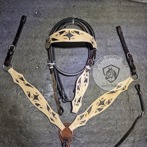 Handmade Western Leather Hand Tooled Headstall & Breast Collar with Reins.