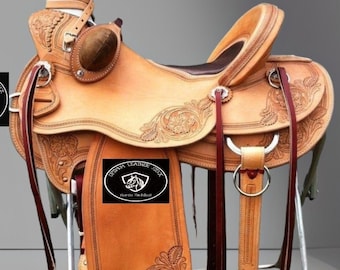 Wade Style Tree A Fork Premium Leder Ranch Abseilen Western Arbeitspferd Sattel & Tack mit angebrachten Bucking Rolls, Größe (10 "bis 18"" Zoll).
