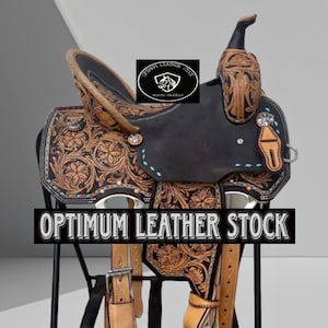 Western Leather Barrel Racing Deep Seat Horse Saddle Tack with Matching Headstall, Breast Collar, Reins & Back Cinch. Size(10&quot; to 18&quot;) Seat.