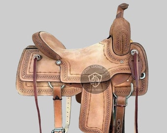 Handmade Western Leather Hand Carved Ranch Roper Horse Saddle With Matching Headstall, Breast Collar, Reins & Girth. Size(10" to 18" Inch).