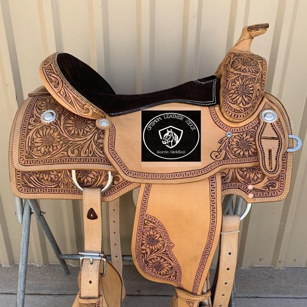 Handgjord western läder handskuren ranch roper hästsadel, storlek (10" till 18") tum sits. (...Läs beskrivningen för mer information..)