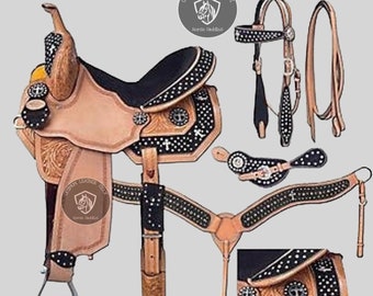 Premium Leather Western Deep Seat Barrel Racing Horse Saddle with Matching Headstall, Breastplate, Reins & Back Cinch. Size(10" to 18")