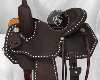 Handmade Adult and Youth Child Premium Leather Western Barrel Racing Pleasure Trail Horse Saddle & Tack, Size Available(10” to 18” Inches).