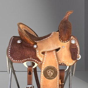 New Style Western Leather Strip Down Barrel Racing Horse Saddle with Matching Headstall, Breastplate, Reins & Back Cinch.. Size(10&quot; to 18&quot;)