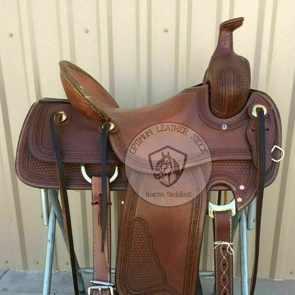 Handgemaakt westers leer handgesneden Ranch Roper paardenzadel. Maat (10" tot 18") inch zitting.