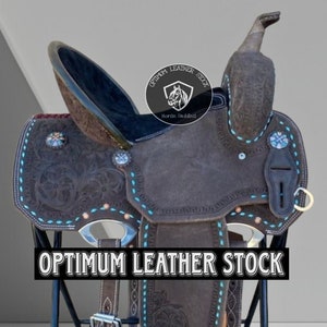 Western Barrel Racing Pleasure Trail Deep Seat Premium Leather Horse Saddle with Matching Headstall, Breastplate, Reins & Back Cinch.