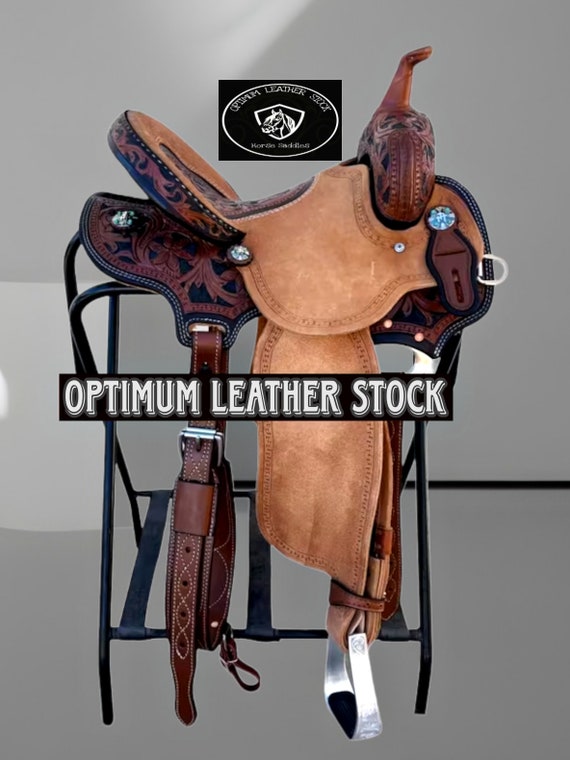 Premium Leather Western Deep Seat Barrel Racing Horse Saddle with Matching Headstall, Breastplate, Reins & Back Cinch. Size(10" to 18")