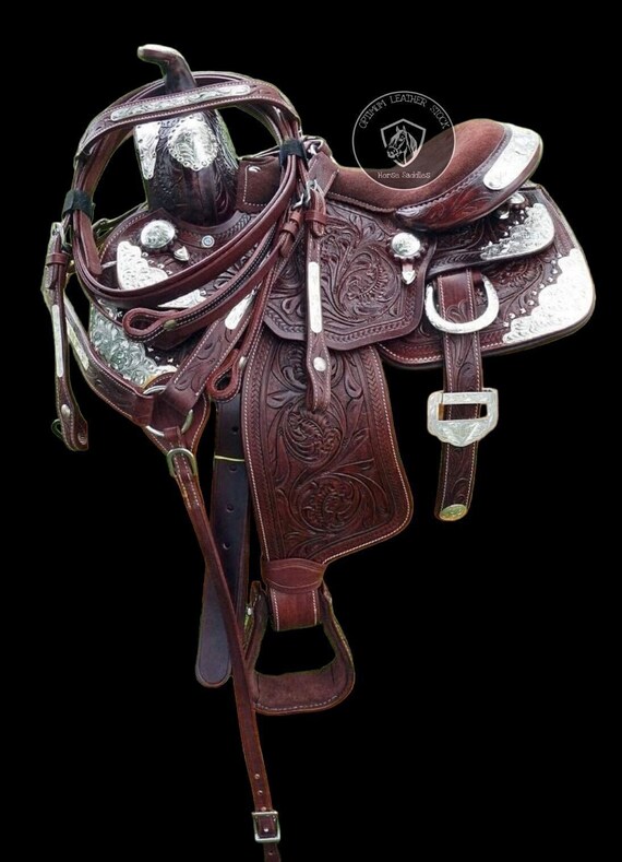 Selle Ridex Sculptée Selle Western En Cuir Sculpté Pour Cheval - Style Vintage, Taille De 10 à 18,5, Marque Ridex, Pour Trail Et Loisirs Selle Western Cuir Ridex
