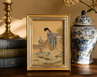 Vintage Chinese Hand Painted Export Painting Framed Asian Woman with Incense Decorative Wall Art Tourist Souvenir Artwork