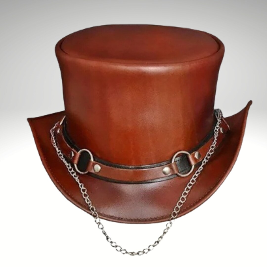 Brown Top Hat With Chain Handmade With Cowhide Leather Etsy