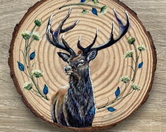 Hand Painted Stag ~ Wood Slice Painting ~ Cottagecore ~ Original Art