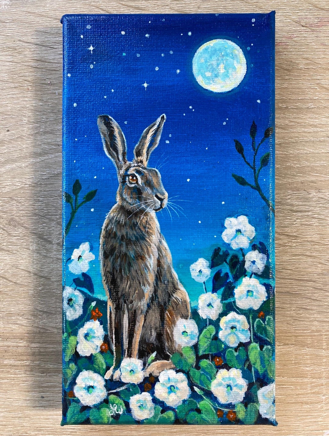 Hare and Moon Acrylic Painting: Whimsical Canvas Art (10x20 Cm) - Etsy