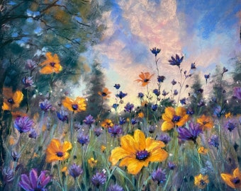 Flowers at Dusk ~ Original Art ~  Floral Landscape